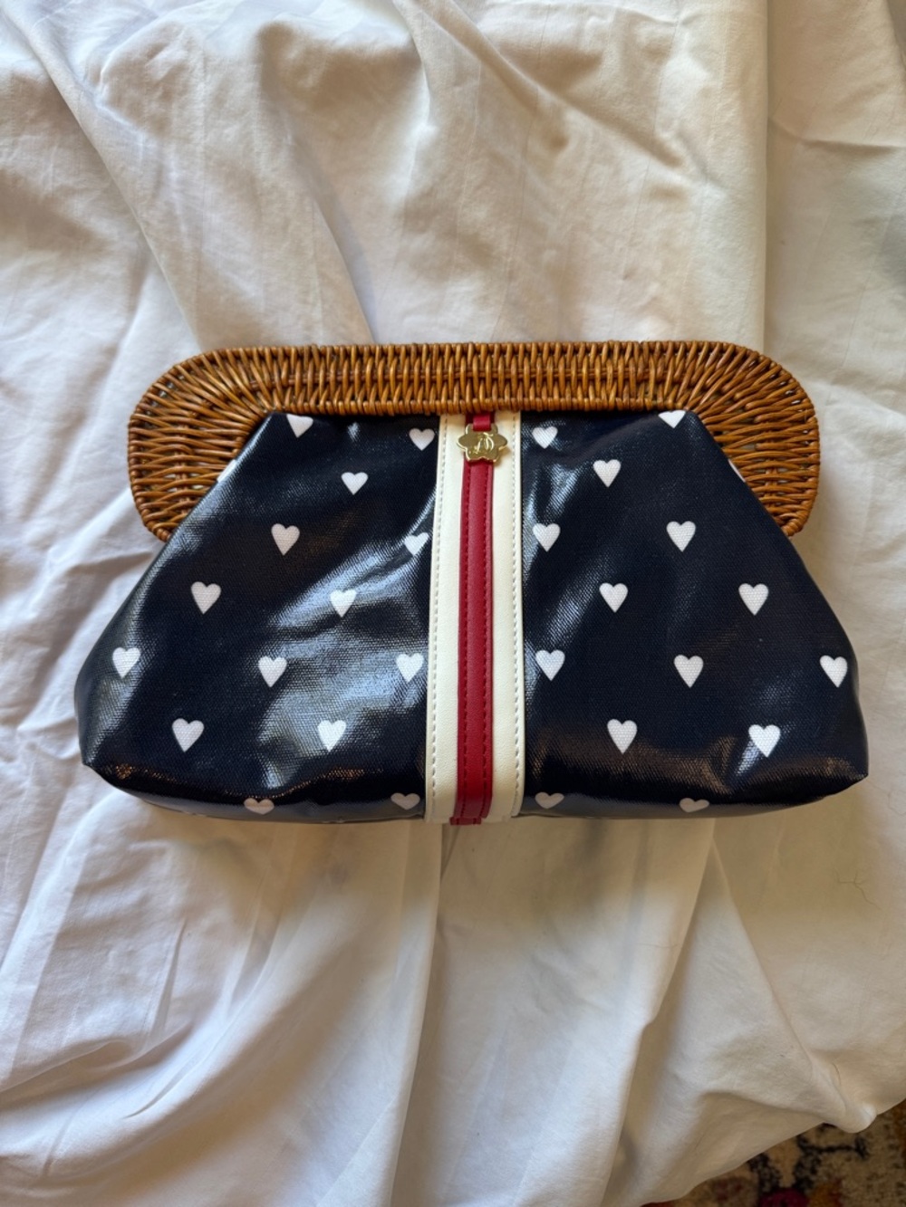 Draper James Navy Heart-Print Clutch with Red & White Trim